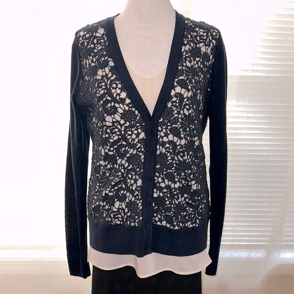 LOFT M Navy Blue Lace Crochet Button Front Knit Cardigan - Picture 1 of 12
